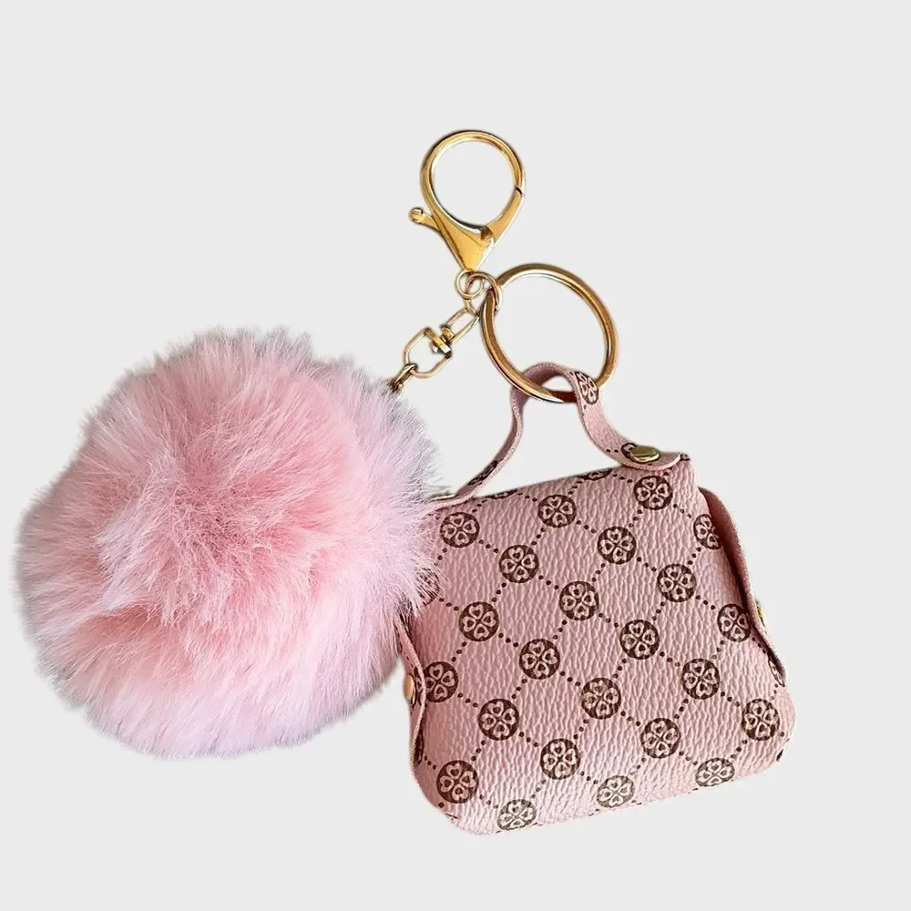 Pom Pom Decor Coin Purse Pink Key Ring Bag Charm Hand Bag Key Chain